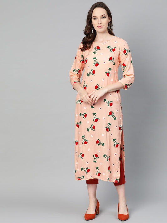 Women's Peach Multi Colored Floral Printed Straight Kurta With Round Neck & 3/4 Sleeves