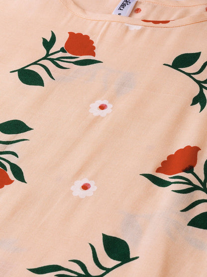 Women's Peach Multi Colored Floral Printed Straight Kurta With Round Neck & 3/4 Sleeves