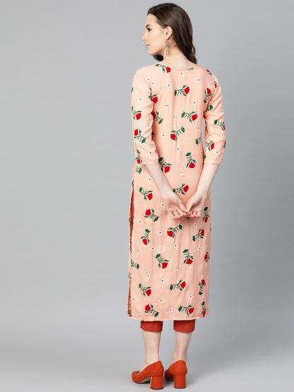 Women's Peach Multi Colored Floral Printed Straight Kurta With Round Neck & 3/4 Sleeves