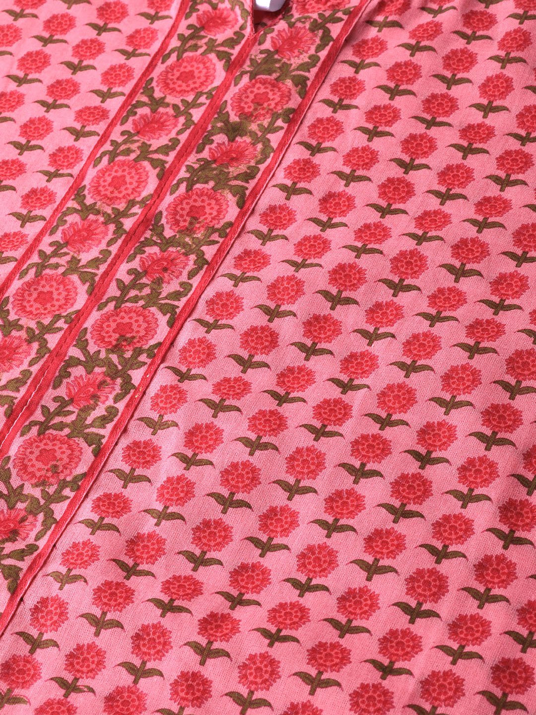 Women's Pink Floral Printed Straight Kurta With Round With V & 3/4 Sleeves
