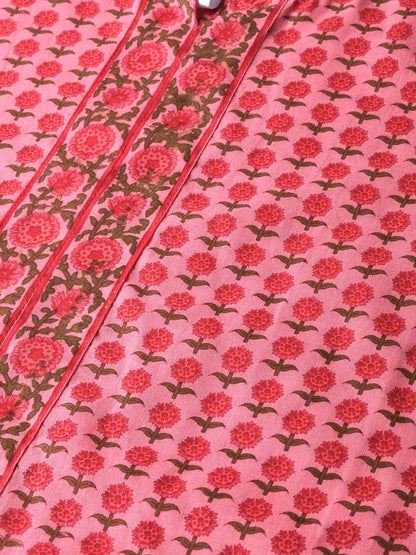 Women's Pink Floral Printed Straight Kurta With Round With V & 3/4 Sleeves
