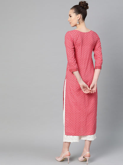 Women's Pink Floral Printed Straight Kurta With Round With V & 3/4 Sleeves