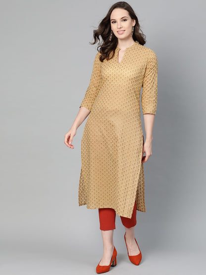 Women's Yellow Printed Straight Kurta With Mandarin Collar With 3/4 Sleeves