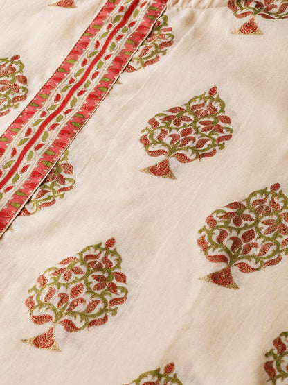 Women's Cream Gold Printed Straight Kurta With Round Neck & 3/4 Sleeves