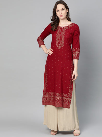 Women's Maroon Gold Printed Kurta With Round Neck & 3/4 Sleeves