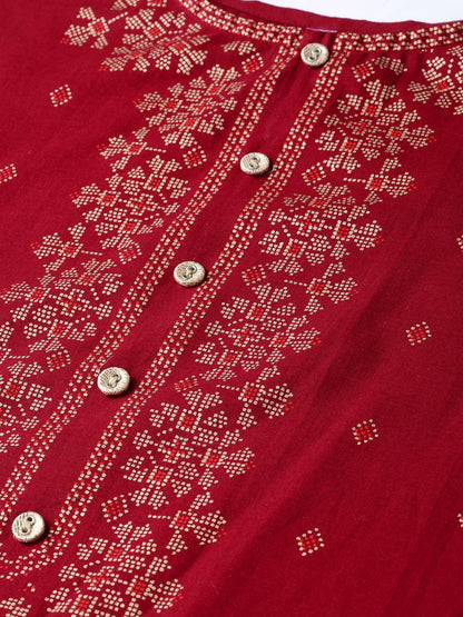 Women's Maroon Gold Printed Kurta With Round Neck & 3/4 Sleeves