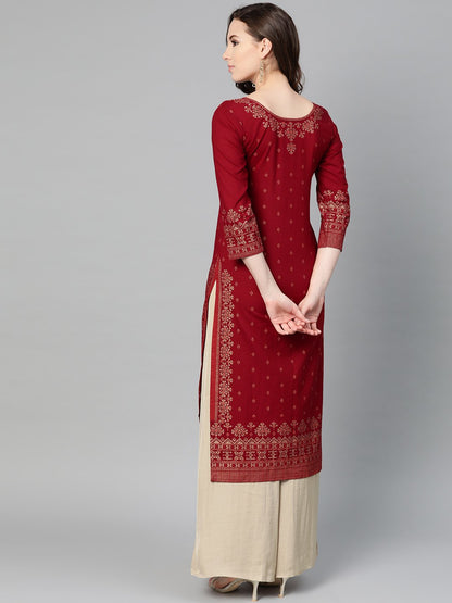 Women's Maroon Gold Printed Kurta With Round Neck & 3/4 Sleeves