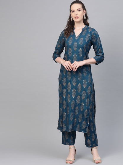Women's Teal Blue Gold Printed Kurta Set With Pant