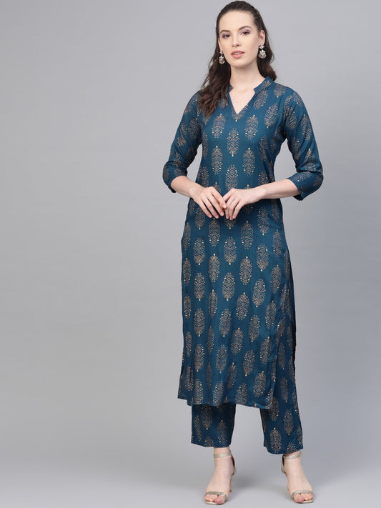 Women's Teal Blue Gold Printed Kurta Set With Pant