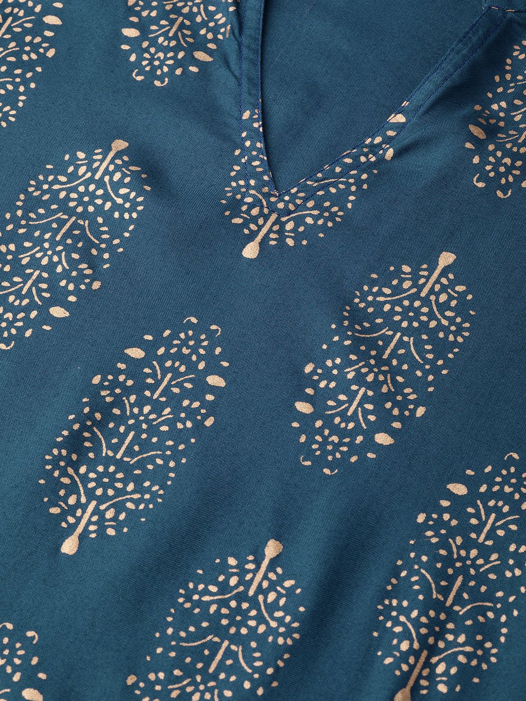 Women's Teal Blue Gold Printed Kurta Set With Pant