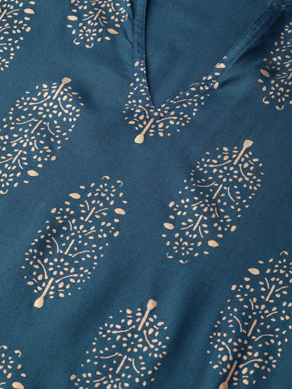 Women's Teal Blue Gold Printed Kurta Set With Pant