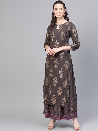Women's Grey Gold Printed Kurta Set With Skirt