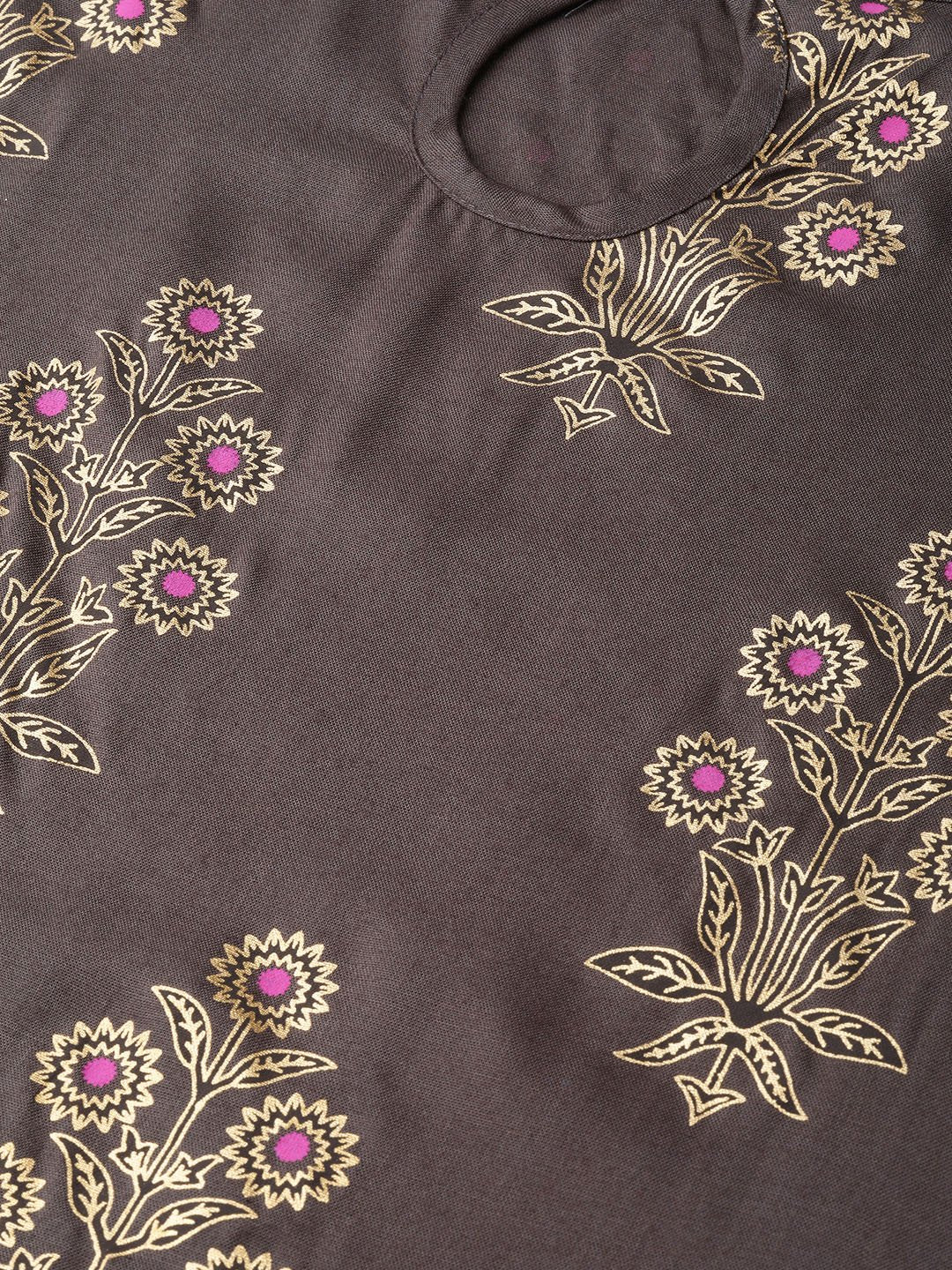 Women's Grey Gold Printed Kurta Set With Skirt
