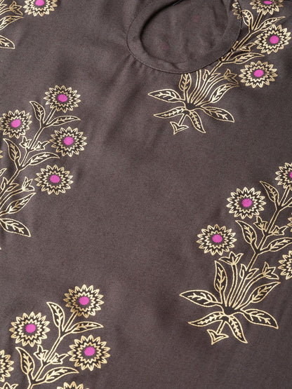 Women's Grey Gold Printed Kurta Set With Skirt
