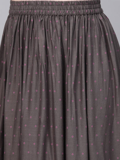 Women's Grey Gold Printed Kurta Set With Skirt
