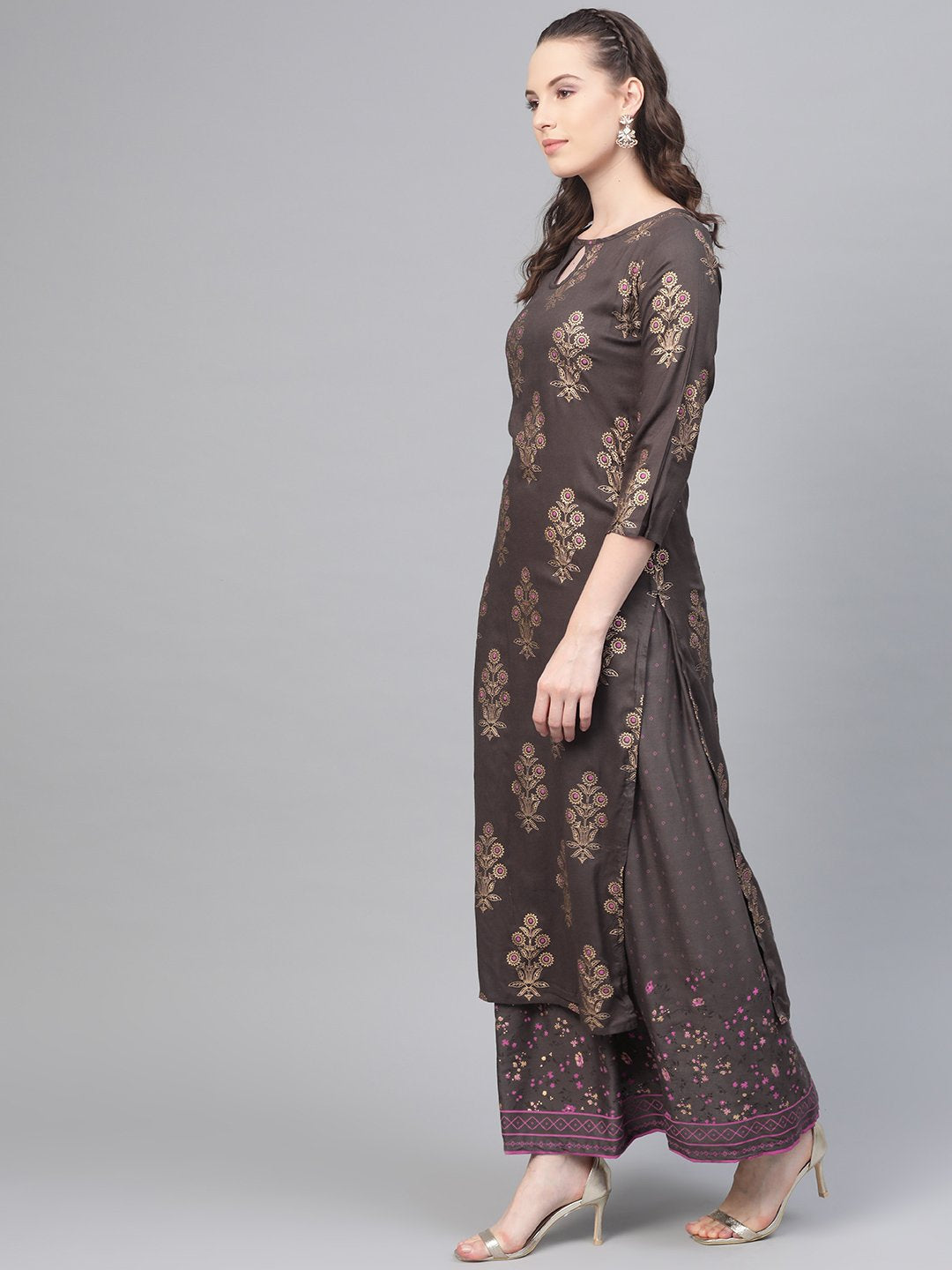 Women's Grey Gold Printed Kurta Set With Skirt
