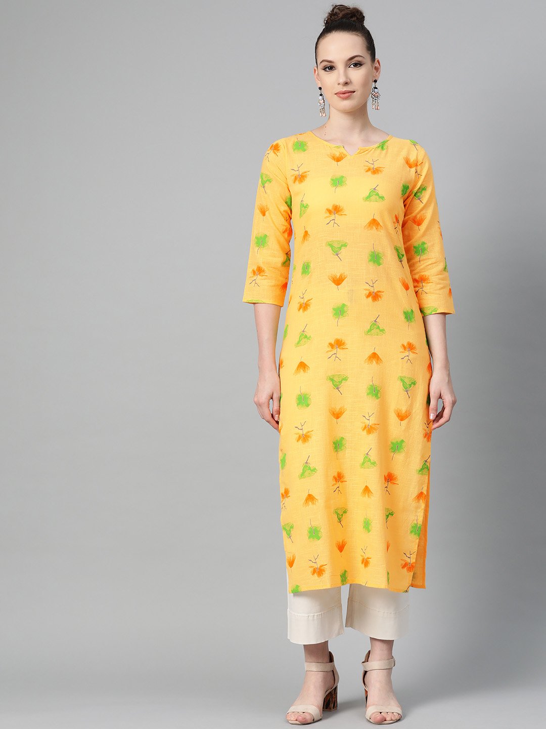Women's Yellow Multi Colored Printed Kurta With Round Neck With V & 3/4 Sleeves