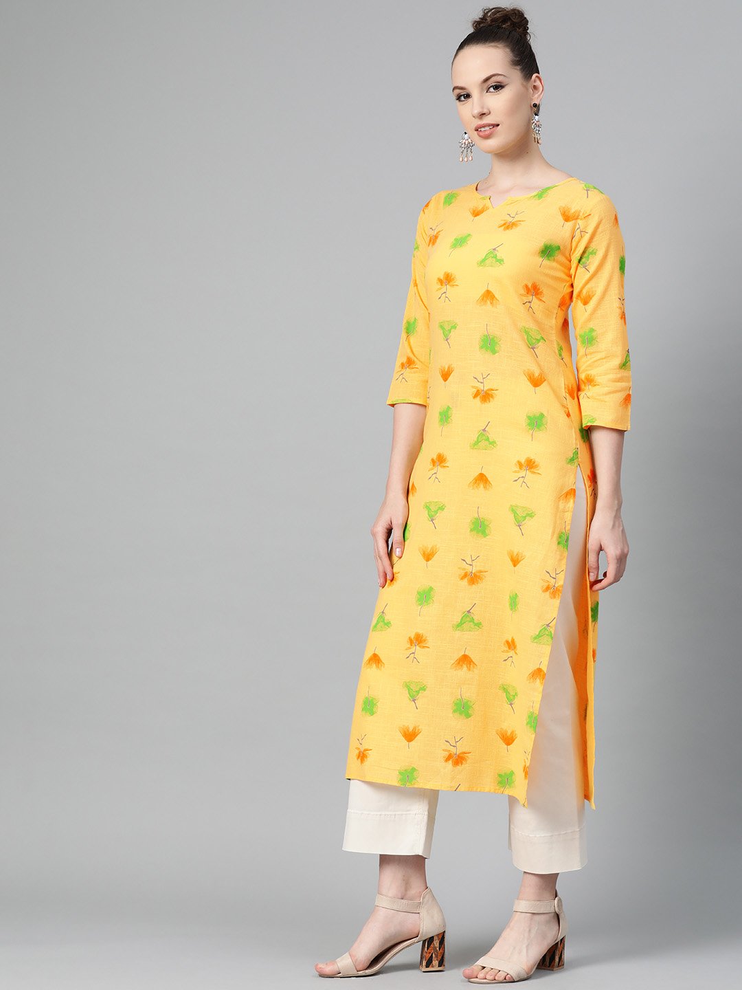 Women's Yellow Multi Colored Printed Kurta With Round Neck With V & 3/4 Sleeves