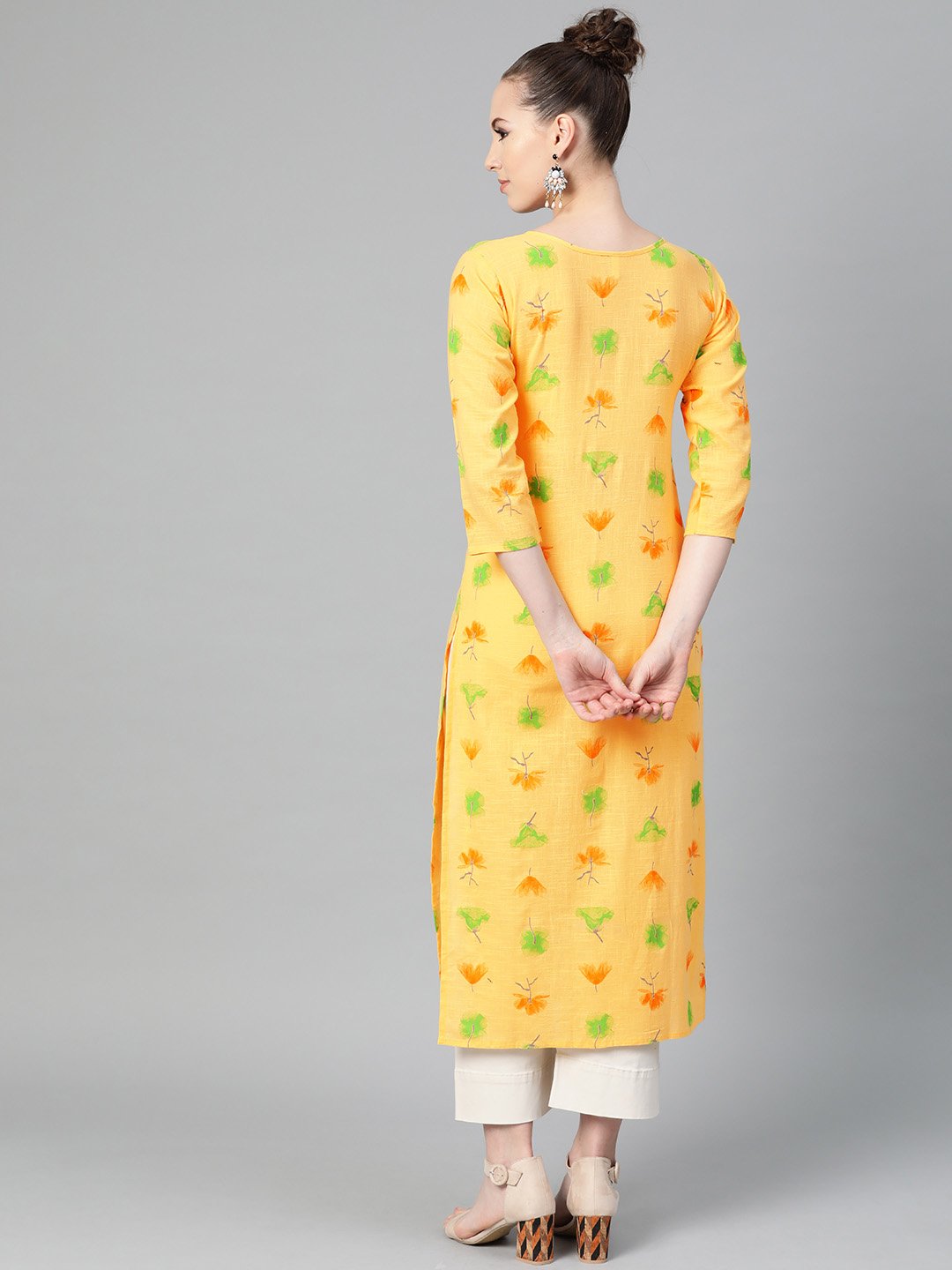 Women's Yellow Multi Colored Printed Kurta With Round Neck With V & 3/4 Sleeves