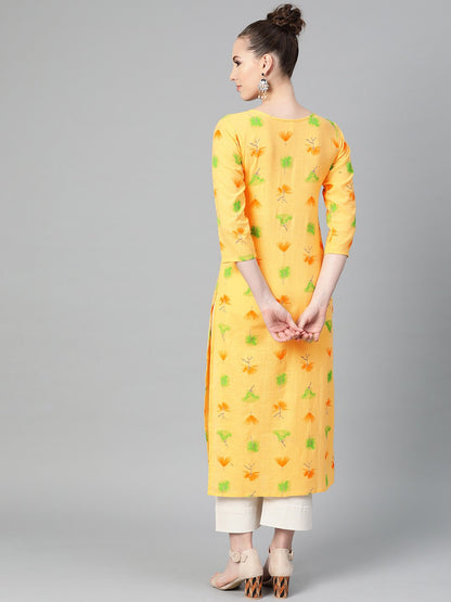 Women's Yellow Multi Colored Printed Kurta With Round Neck With V & 3/4 Sleeves