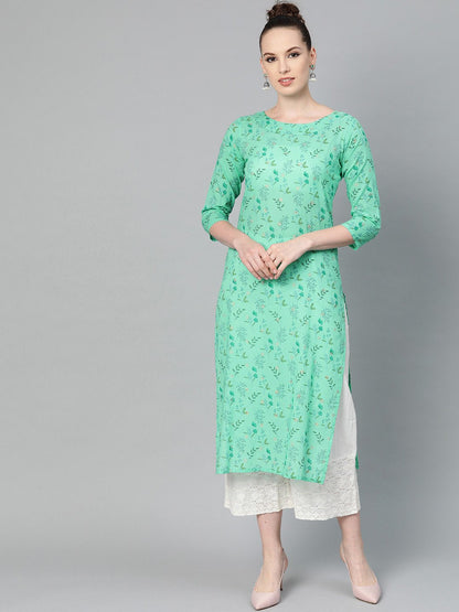 Women's Fern Green Floral Printed Straight Kurta With Round Neck & 3/4 Sleeves