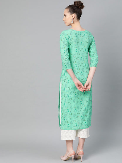 Women's Fern Green Floral Printed Straight Kurta With Round Neck & 3/4 Sleeves