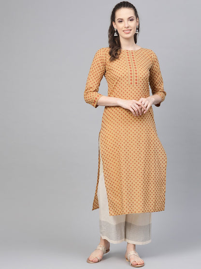 Women's Beige Printed Straight Kurta With Round Neck With 3/4 Sleeves