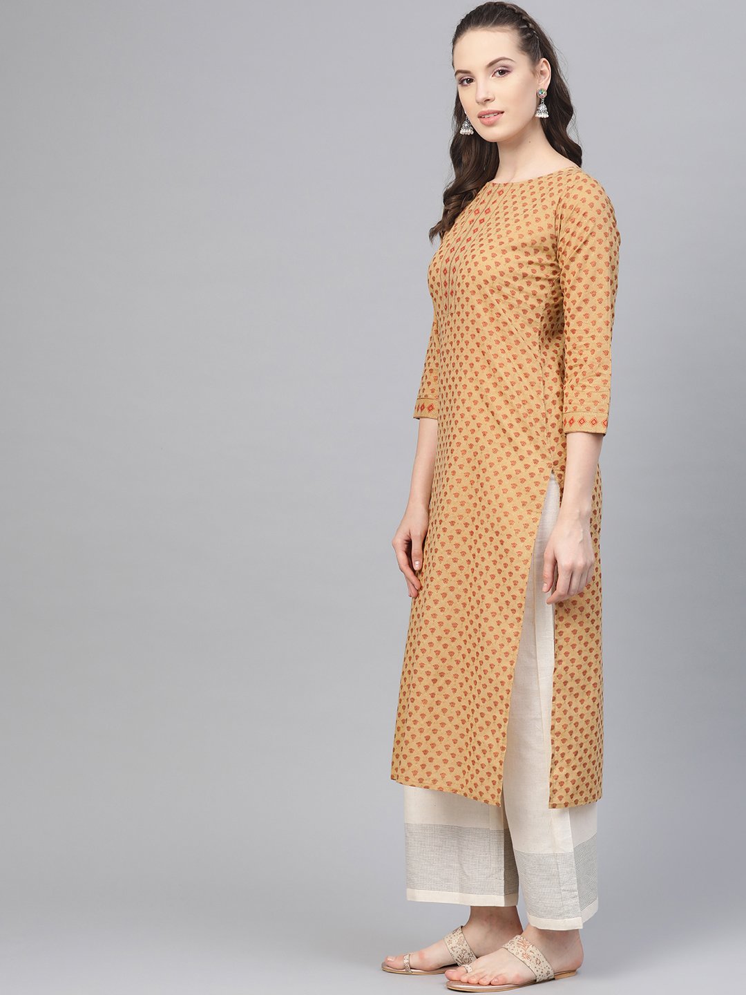 Women's Beige Printed Straight Kurta With Round Neck With 3/4 Sleeves