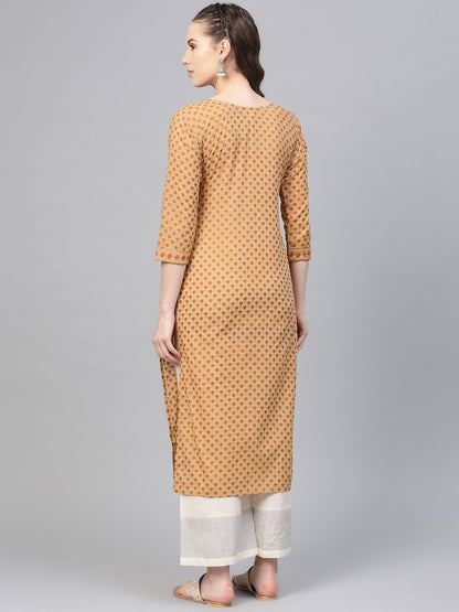 Women's Beige Printed Straight Kurta With Round Neck With 3/4 Sleeves