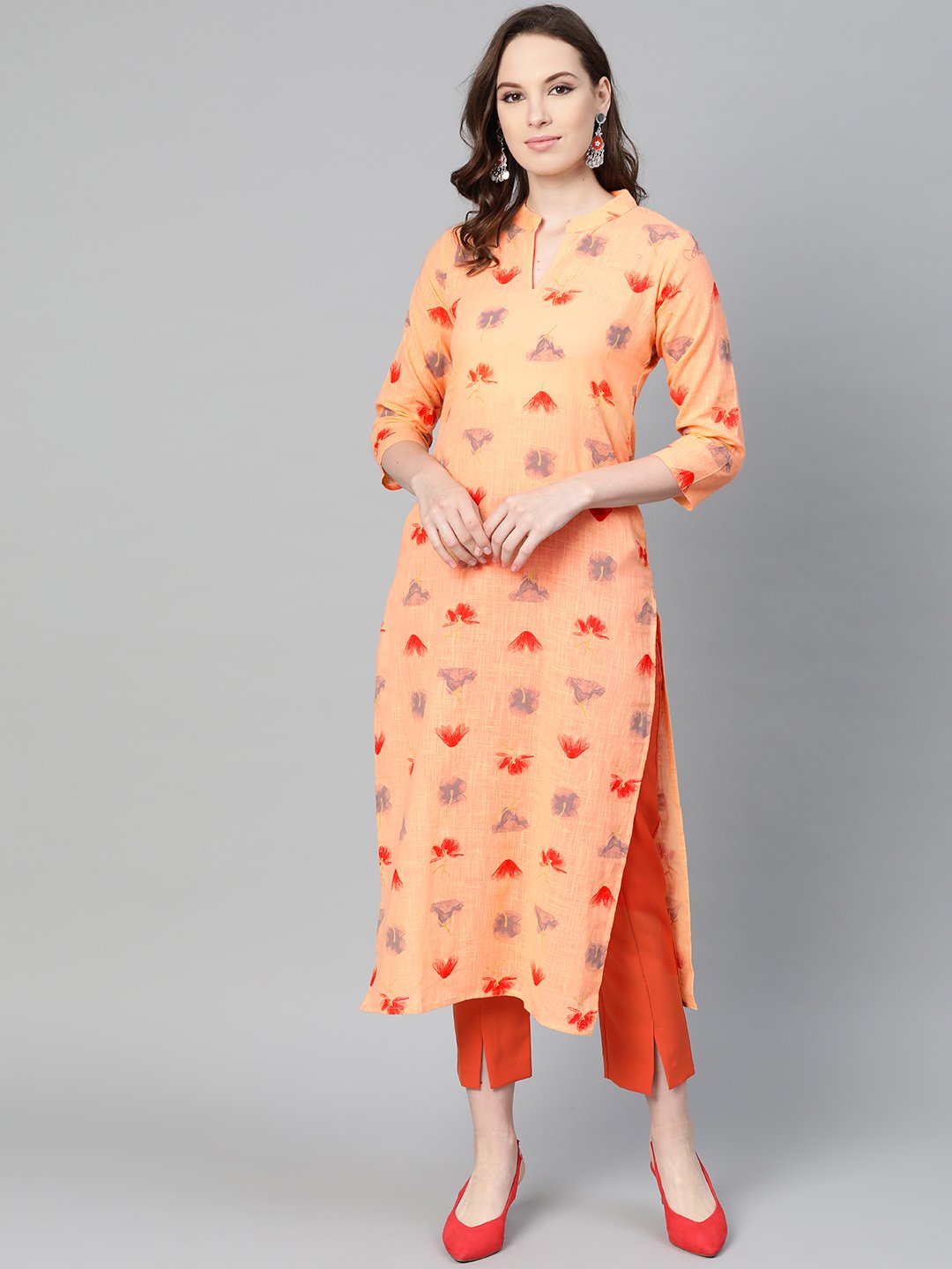 Women's Peach Multi Colored Printed Kurta With Mandarin Collar With 3/4 Sleeves