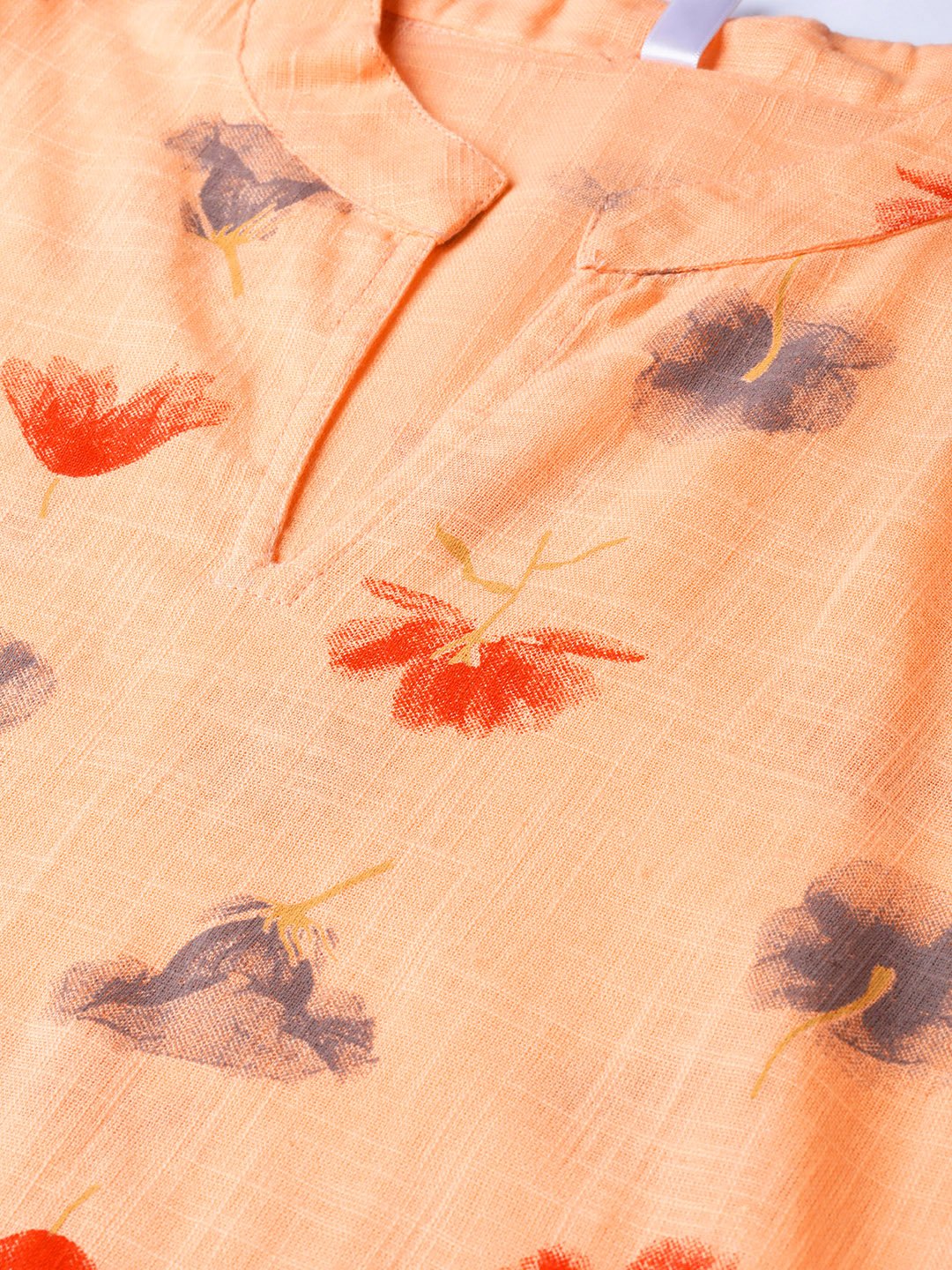 Women's Peach Multi Colored Printed Kurta With Mandarin Collar With 3/4 Sleeves