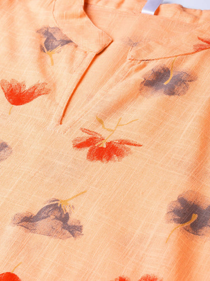 Women's Peach Multi Colored Printed Kurta With Mandarin Collar With 3/4 Sleeves