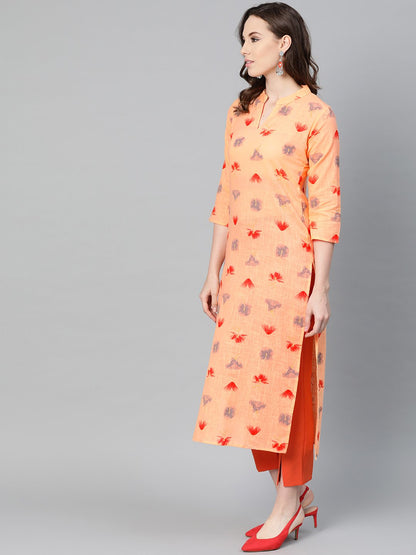 Women's Peach Multi Colored Printed Kurta With Mandarin Collar With 3/4 Sleeves