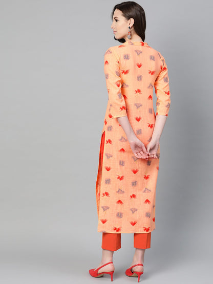 Women's Peach Multi Colored Printed Kurta With Mandarin Collar With 3/4 Sleeves