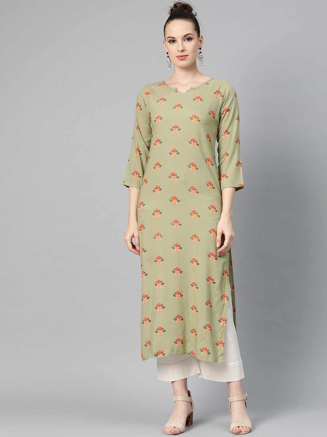 Women's Olive Green Multi Colored Printed Kurta With Round Neck With V & 3/4 Sleeves