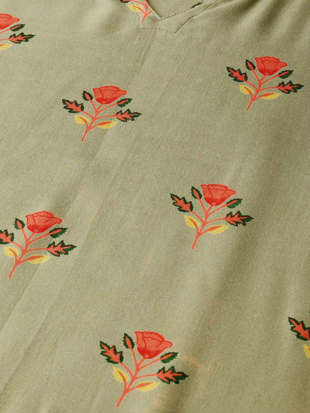 Women's Olive Green Multi Colored Printed Kurta With Round Neck With V & 3/4 Sleeves