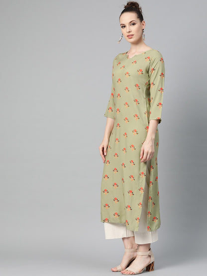 Women's Olive Green Multi Colored Printed Kurta With Round Neck With V & 3/4 Sleeves