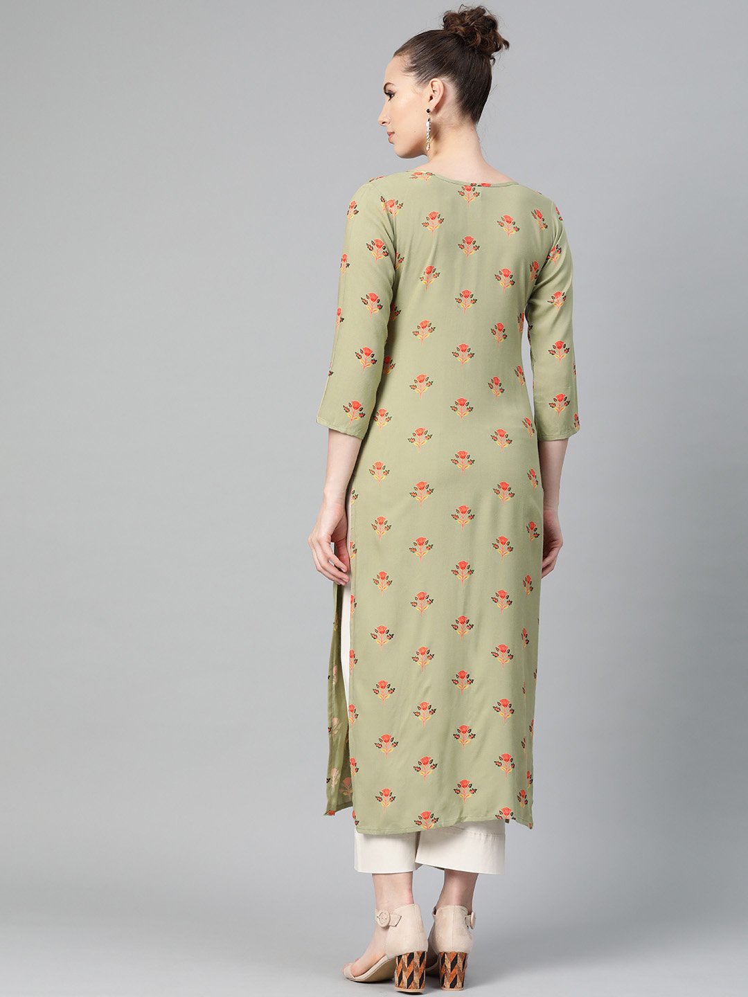 Women's Olive Green Multi Colored Printed Kurta With Round Neck With V & 3/4 Sleeves