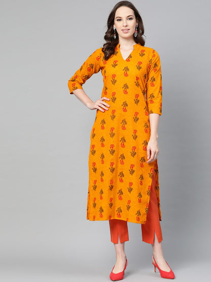 Women's Mustard Printed Straight Kurta With Mandarin Collar & 3/4 Sleeves