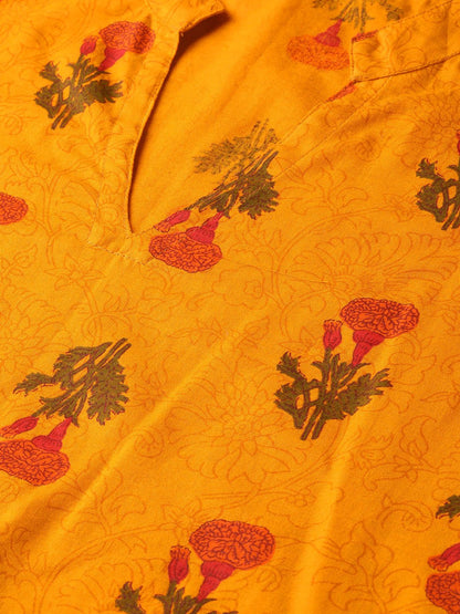 Women's Mustard Printed Straight Kurta With Mandarin Collar & 3/4 Sleeves