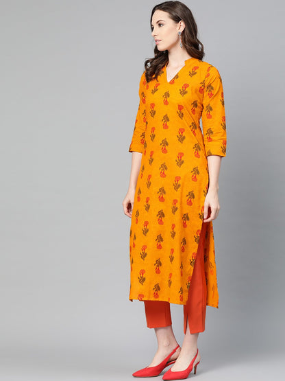 Women's Mustard Printed Straight Kurta With Mandarin Collar & 3/4 Sleeves