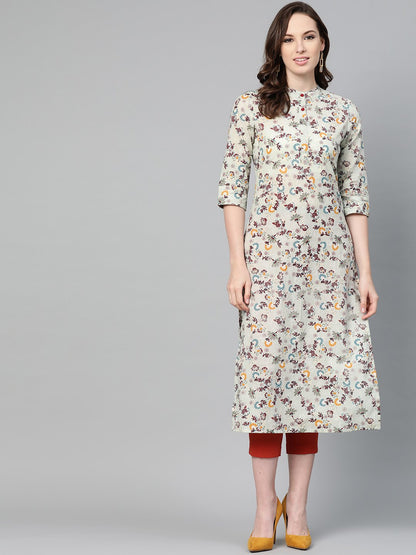 Women's Beige Multi Colored Floral Printed Straight Kurta