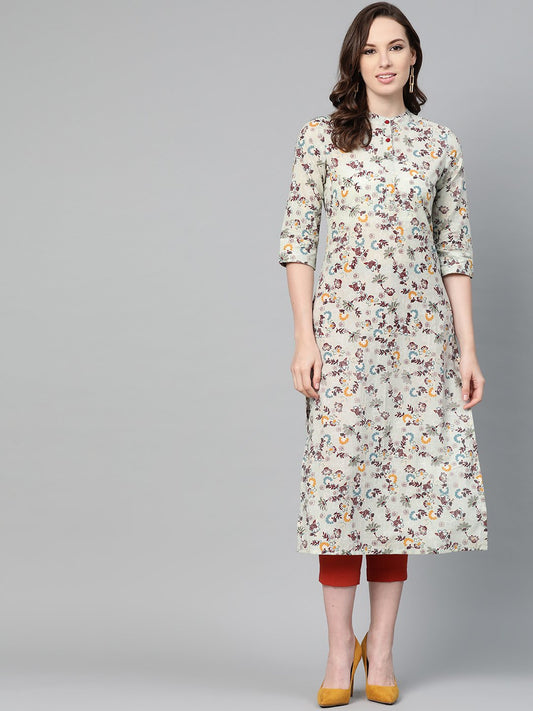 Women's Beige Multi Colored Floral Printed Straight Kurta