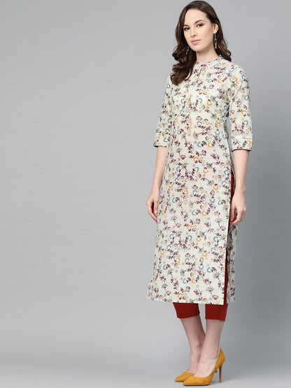Women's Beige Multi Colored Floral Printed Straight Kurta