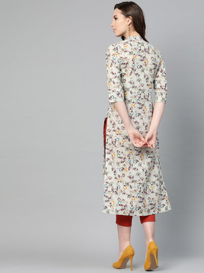 Women's Beige Multi Colored Floral Printed Straight Kurta