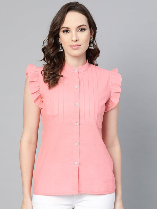 Women's Solid pastel pink top with detailed sleeves