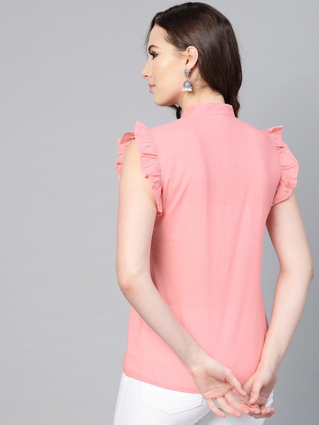 Women's Solid pastel pink top with detailed sleeves