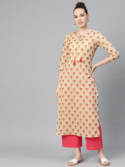 Women's Cream With Multi Floral Printed Kurta With Keyhole Neckline