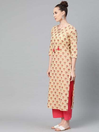 Women's Cream With Multi Floral Printed Kurta With Keyhole Neckline