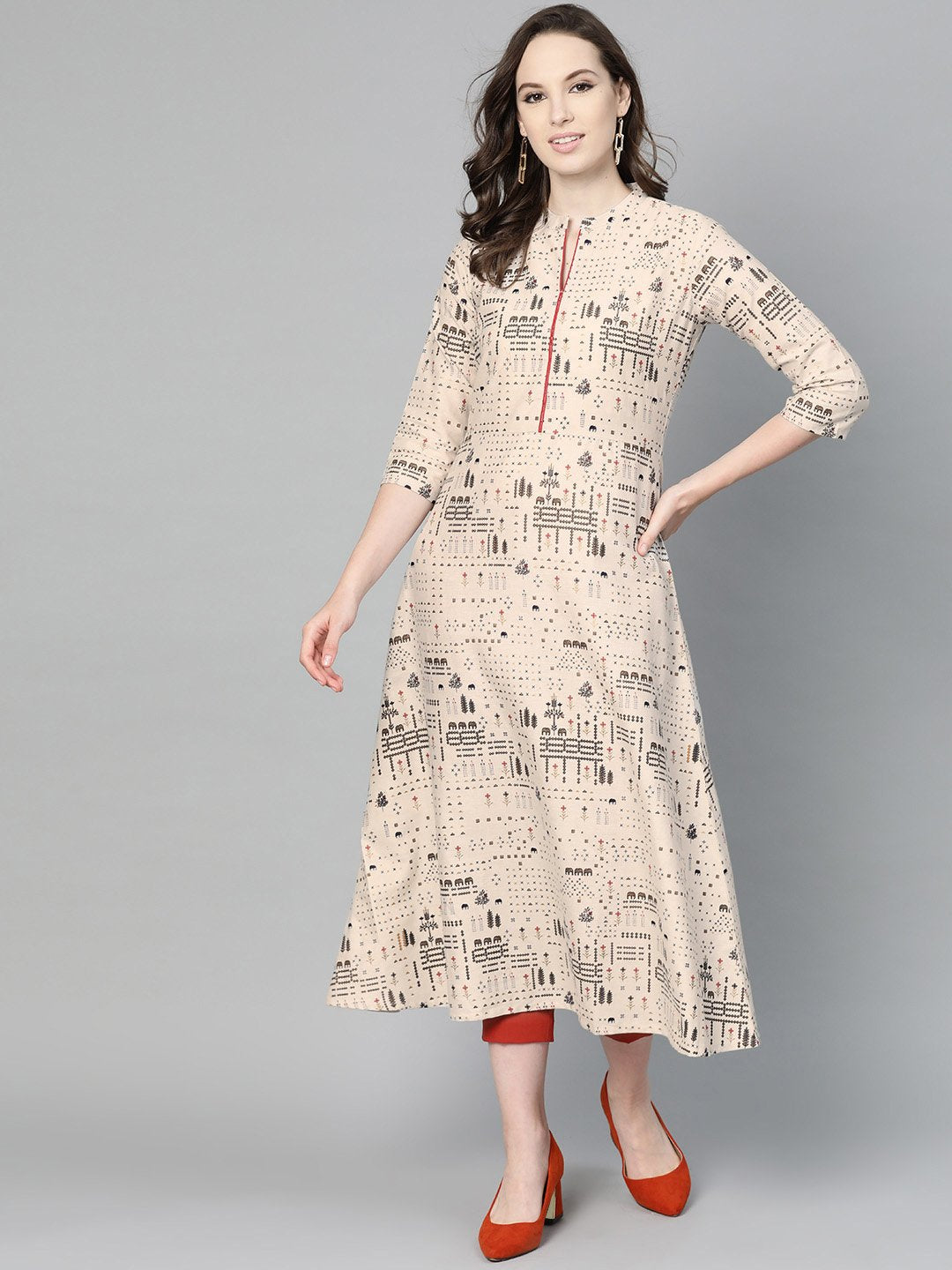Women's Beige And Black Printed A-Line Cotton Kurta